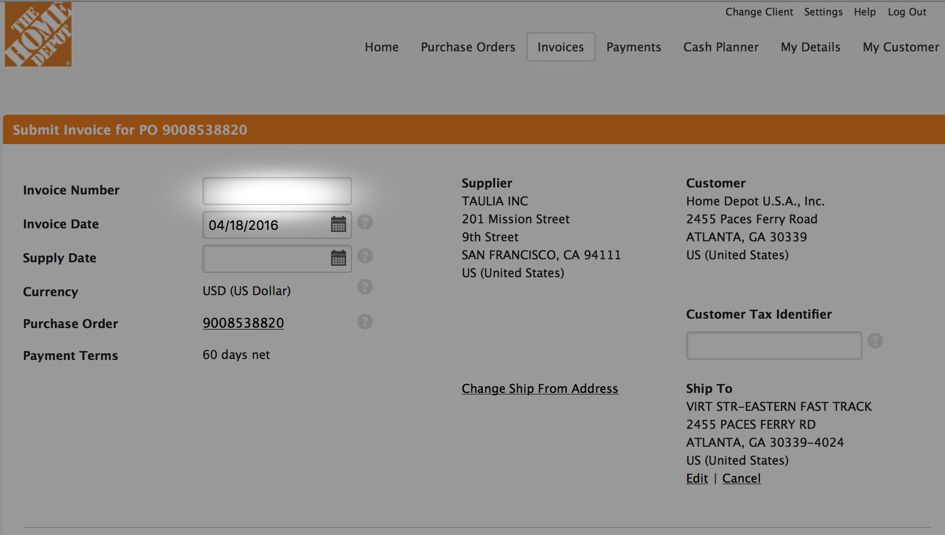 Taulia Support - Home Depot - How do I create PO based invoice Pertaining To Home Depot Receipt Template