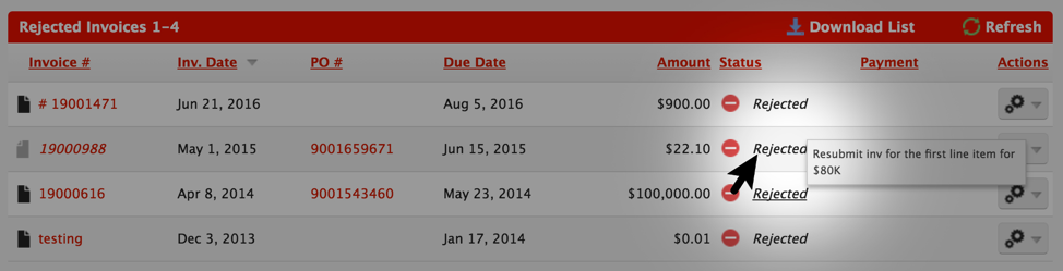 invoice rejected status